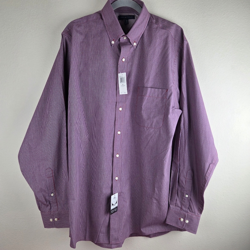 Tommy Hilfiger Button Down Shirt 17 36-37 Tall Red Blue Check 100% Cotton